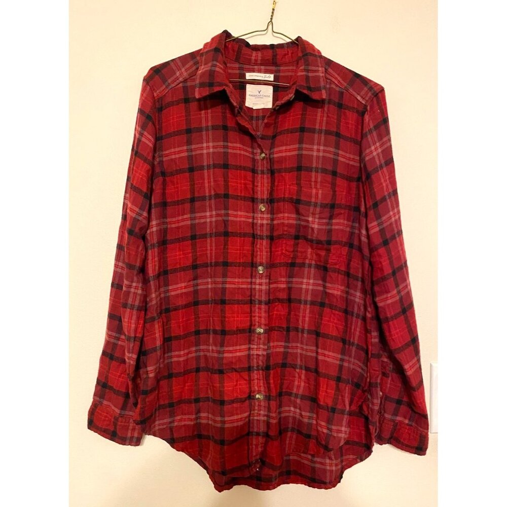 American Eagle Ahh-Mazingly Soft Boyfriend Fit Red Black Plaid Size Medium
